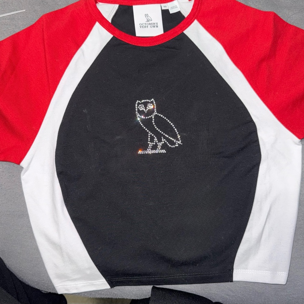 OVO Red and Black Owl Short Sleeve Cropped Tee